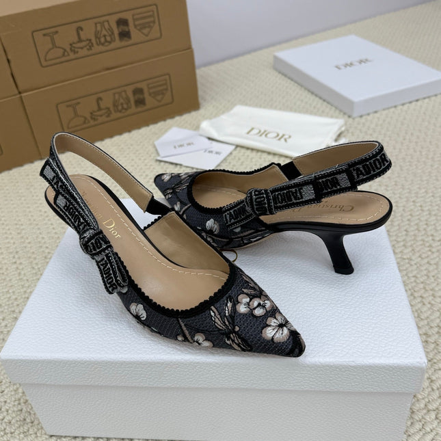 DIOR HIGH SLINGBACK 65 MM 25S IN BLACK FABRIC AND FLORAL PATTERN
