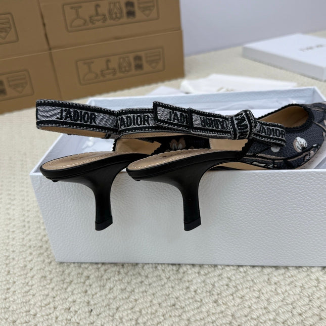 DIOR HIGH SLINGBACK 65 MM 25S IN BLACK FABRIC AND FLORAL PATTERN