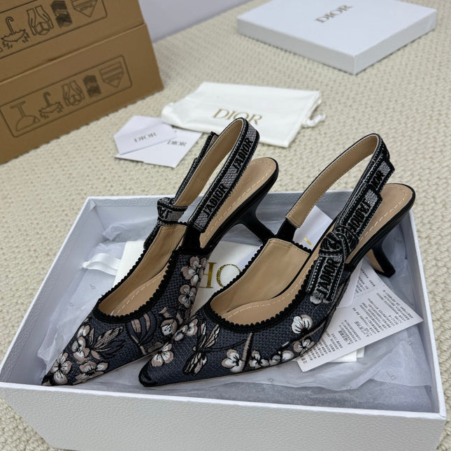 DIOR HIGH SLINGBACK 65 MM 25S IN BLACK FABRIC AND FLORAL PATTERN