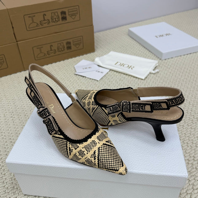 DIOR HIGH SLINGBACK 65 MM 25S IN BLACK AND BEIGE RAFFIA
