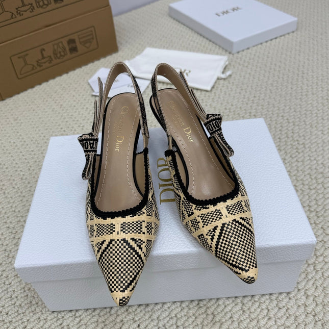 DIOR HIGH SLINGBACK 65 MM 25S IN BLACK AND BEIGE RAFFIA