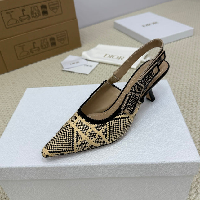 DIOR HIGH SLINGBACK 65 MM 25S IN BLACK AND BEIGE RAFFIA