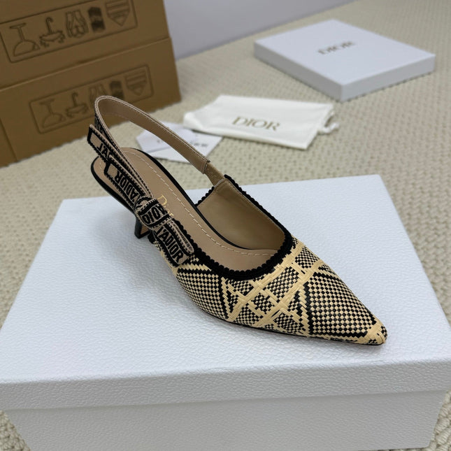 DIOR HIGH SLINGBACK 65 MM 25S IN BLACK AND BEIGE RAFFIA