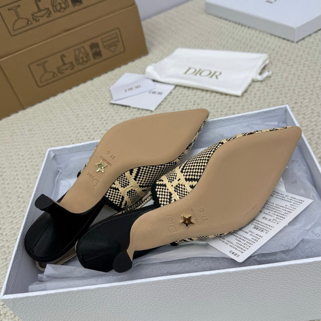 DIOR HIGH SLINGBACK 65 MM 25S IN BLACK AND BEIGE RAFFIA