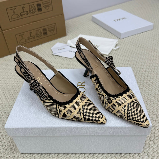 DIOR HIGH SLINGBACK 65 MM 25S IN BLACK AND BEIGE RAFFIA