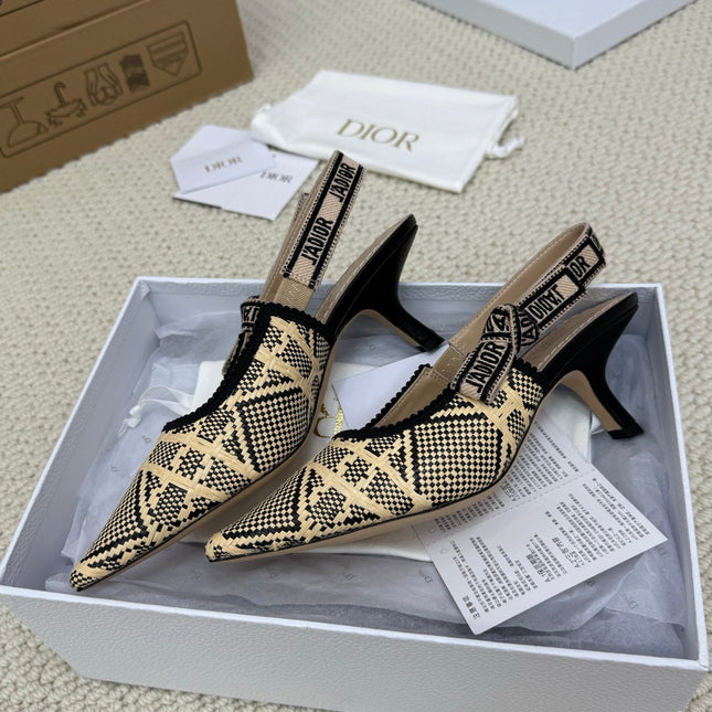 DIOR HIGH SLINGBACK 65 MM 25S IN BLACK AND BEIGE RAFFIA