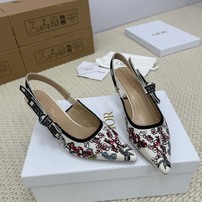 DIOR HIGH SLINGBACK 65 MM 25S IN WHITE FABRIC AND FLORAL PATTERN