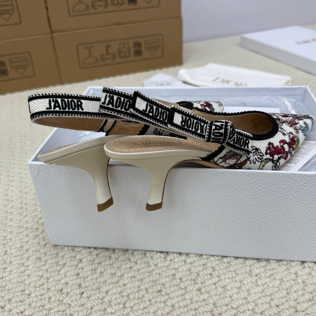 DIOR HIGH SLINGBACK 65 MM 25S IN WHITE FABRIC AND FLORAL PATTERN