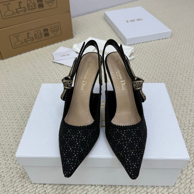 DIOR HIGH SLINGBACK 100 MM 25S IN BLACK FABRIC AND BRAND NAME EMBROIDERY