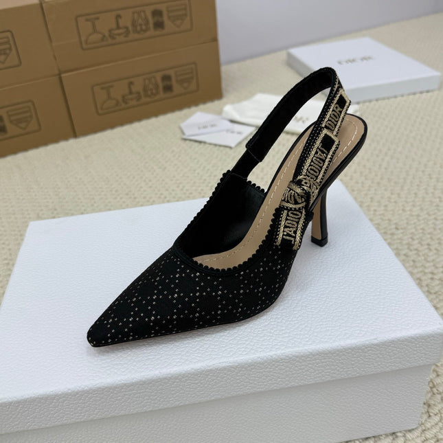 DIOR HIGH SLINGBACK 100 MM 25S IN BLACK FABRIC AND BRAND NAME EMBROIDERY
