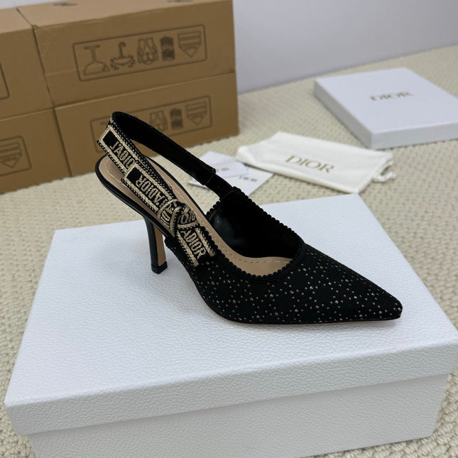DIOR HIGH SLINGBACK 100 MM 25S IN BLACK FABRIC AND BRAND NAME EMBROIDERY