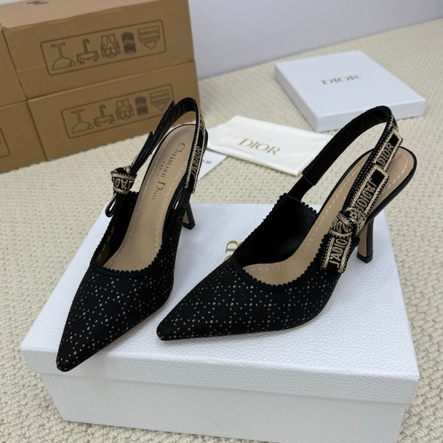 DIOR HIGH SLINGBACK 100 MM 25S IN BLACK FABRIC AND BRAND NAME EMBROIDERY