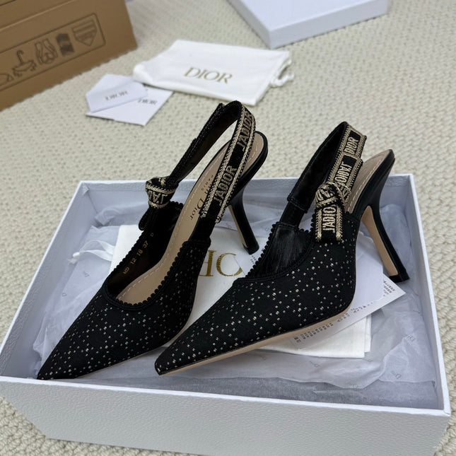 DIOR HIGH SLINGBACK 100 MM 25S IN BLACK FABRIC AND BRAND NAME EMBROIDERY