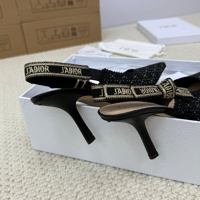 DIOR HIGH SLINGBACK 100 MM 25S IN BLACK FABRIC AND BRAND NAME EMBROIDERY