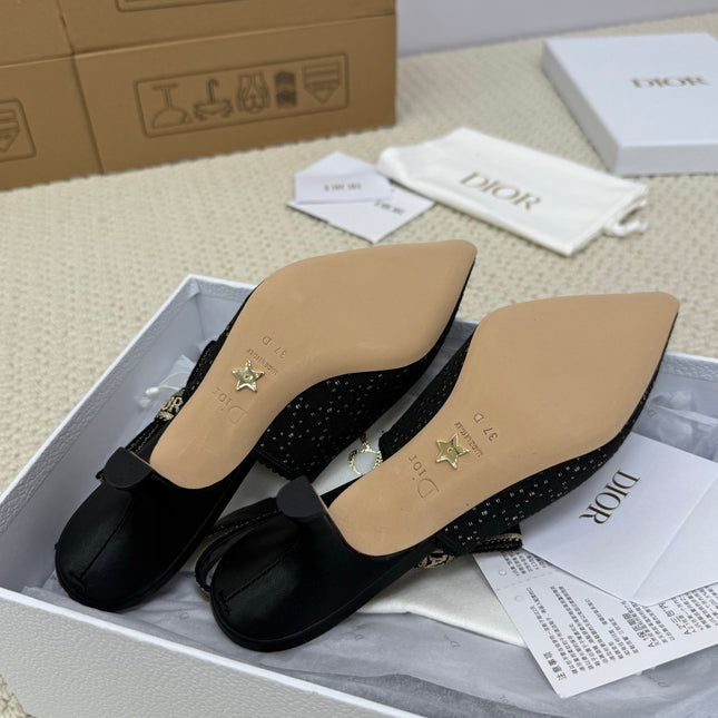 DIOR HIGH SLINGBACK 65 MM 25S IN BLACK FABRIC AND BRAND NAME EMBROIDERY