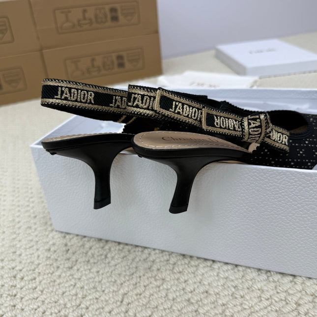DIOR HIGH SLINGBACK 65 MM 25S IN BLACK FABRIC AND BRAND NAME EMBROIDERY