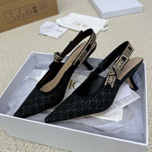 DIOR HIGH SLINGBACK 65 MM 25S IN BLACK FABRIC AND BRAND NAME EMBROIDERY