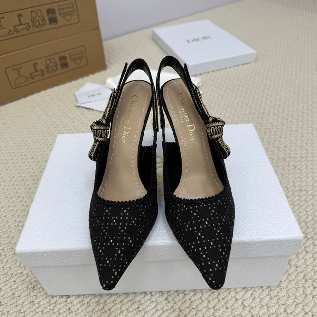 DIOR HIGH SLINGBACK 65 MM 25S IN BLACK FABRIC AND BRAND NAME EMBROIDERY
