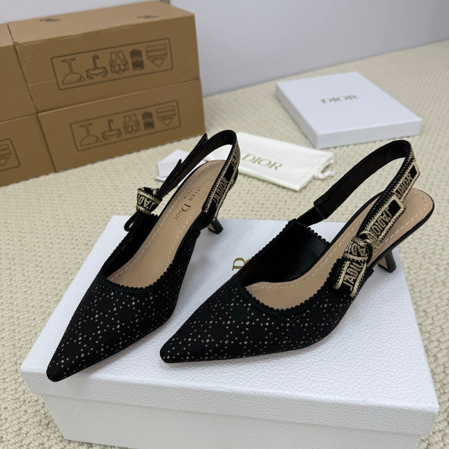 DIOR HIGH SLINGBACK 65 MM 25S IN BLACK FABRIC AND BRAND NAME EMBROIDERY