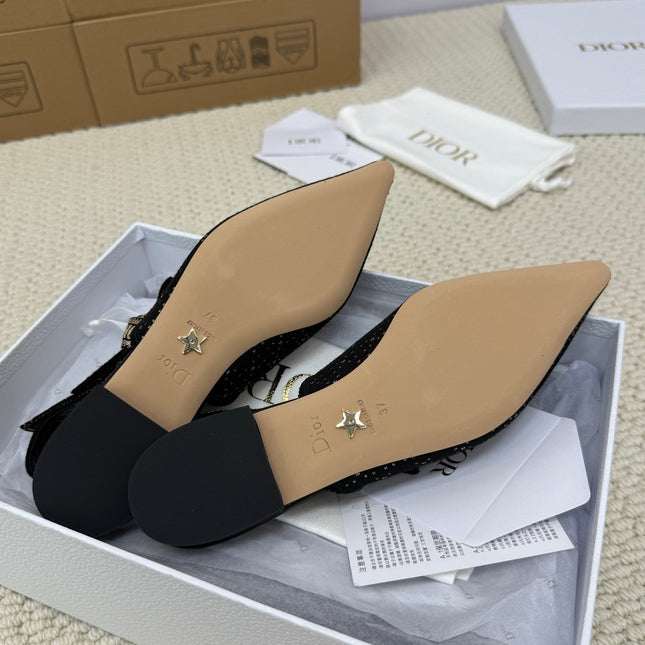 DIOR FLAT SLINGBACK 25S IN BLACK FABRIC AND BRAND NAME EMBROIDERY