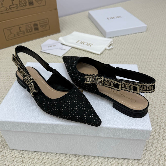 DIOR FLAT SLINGBACK 25S IN BLACK FABRIC AND BRAND NAME EMBROIDERY