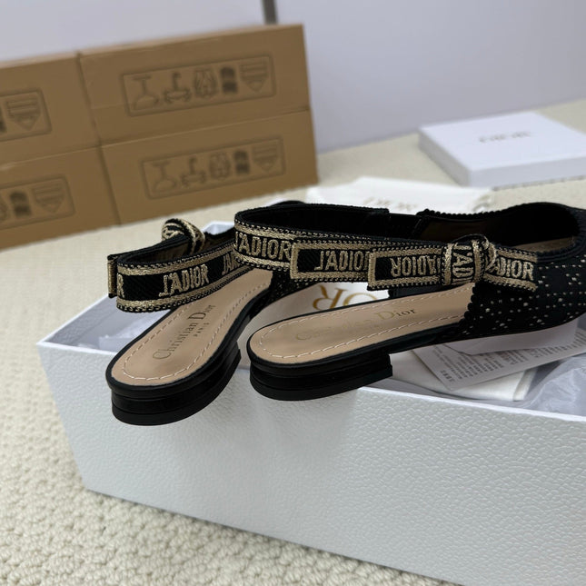 DIOR FLAT SLINGBACK 25S IN BLACK FABRIC AND BRAND NAME EMBROIDERY