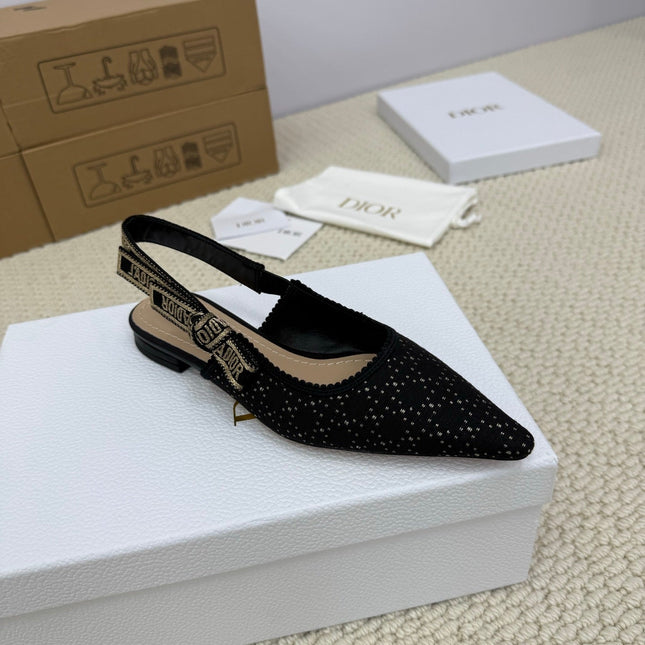 DIOR FLAT SLINGBACK 25S IN BLACK FABRIC AND BRAND NAME EMBROIDERY