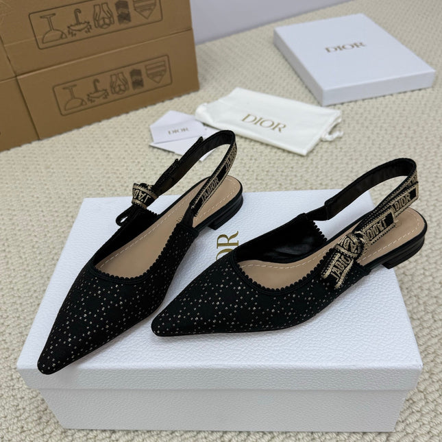 DIOR FLAT SLINGBACK 25S IN BLACK FABRIC AND BRAND NAME EMBROIDERY