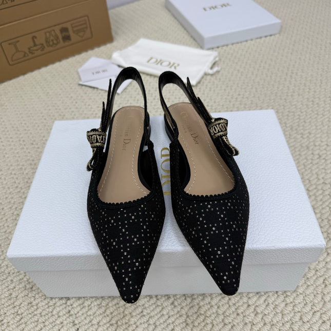 DIOR FLAT SLINGBACK 25S IN BLACK FABRIC AND BRAND NAME EMBROIDERY