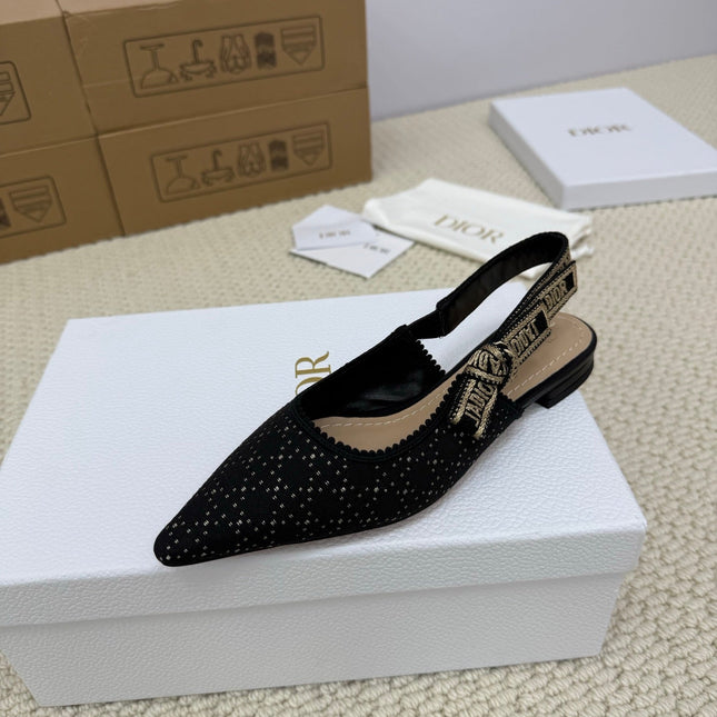 DIOR FLAT SLINGBACK 25S IN BLACK FABRIC AND BRAND NAME EMBROIDERY