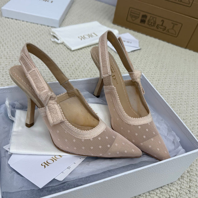 DIOR HIGH SLINGBACK 100 MM 25S IN NUDE LACE NET FABRIC AND SUEDE