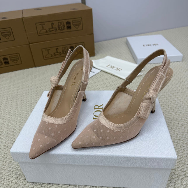 DIOR HIGH SLINGBACK 100 MM 25S IN NUDE LACE NET FABRIC AND SUEDE