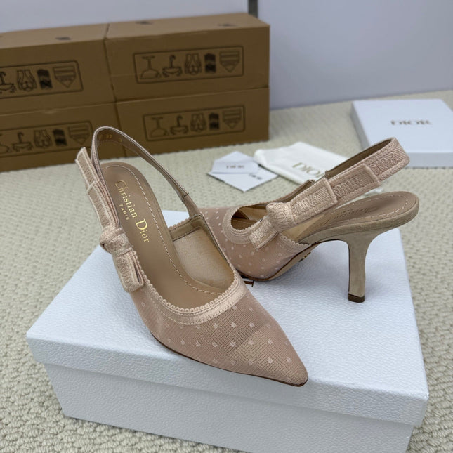 DIOR HIGH SLINGBACK 100 MM 25S IN NUDE LACE NET FABRIC AND SUEDE