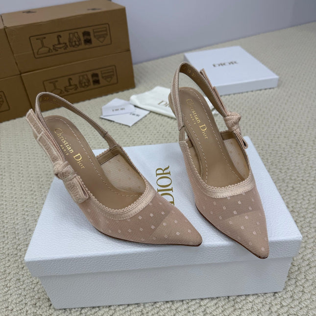 DIOR HIGH SLINGBACK 100 MM 25S IN NUDE LACE NET FABRIC AND SUEDE