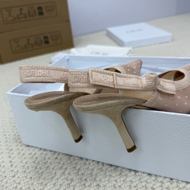 DIOR HIGH SLINGBACK 100 MM 25S IN NUDE LACE NET FABRIC AND SUEDE