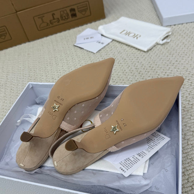 DIOR HIGH SLINGBACK 65 MM 25S IN NUDE LACE NET FABRIC AND SUEDE