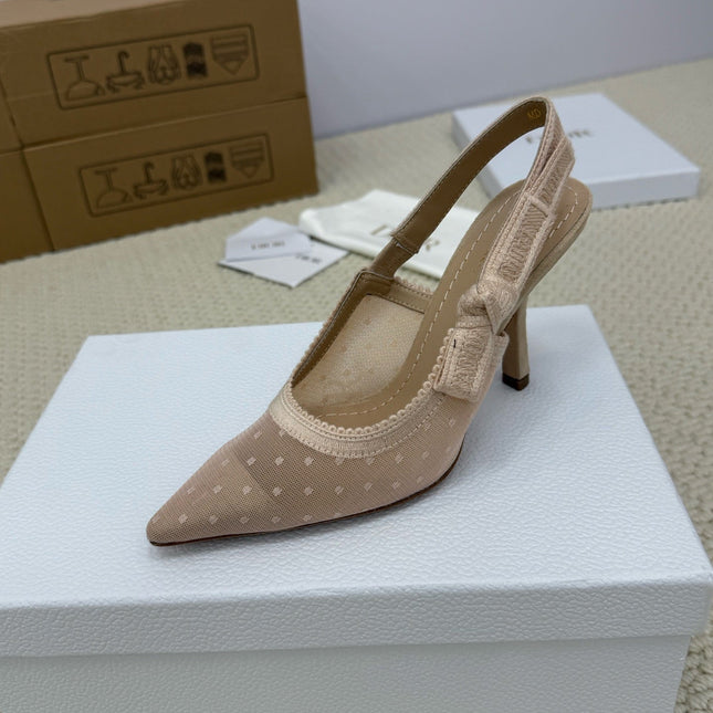 DIOR HIGH SLINGBACK 100 MM 25S IN NUDE LACE NET FABRIC AND SUEDE