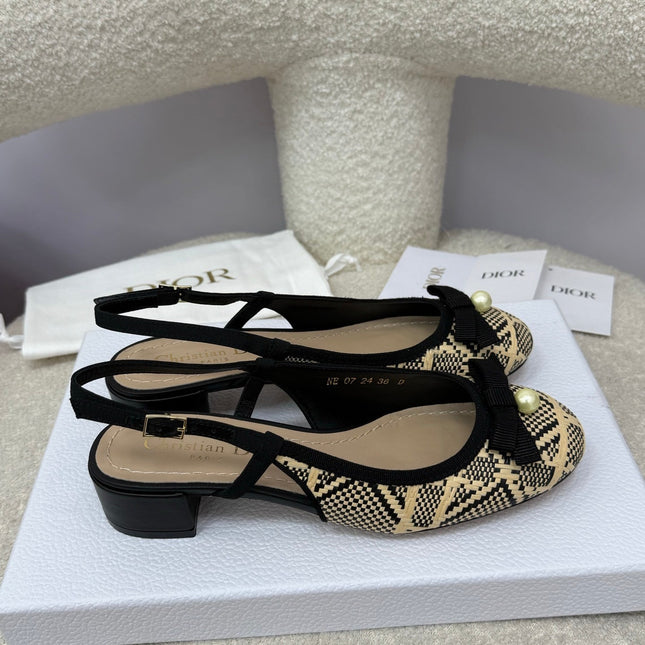DIOR HIGH SLINGBACK 30 MM 25S IN BLACK AND BEIGE RAFFIA WITH PEARL