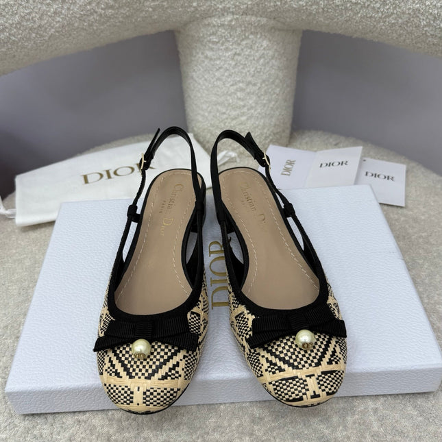 DIOR HIGH SLINGBACK 30 MM 25S IN BLACK AND BEIGE RAFFIA WITH PEARL