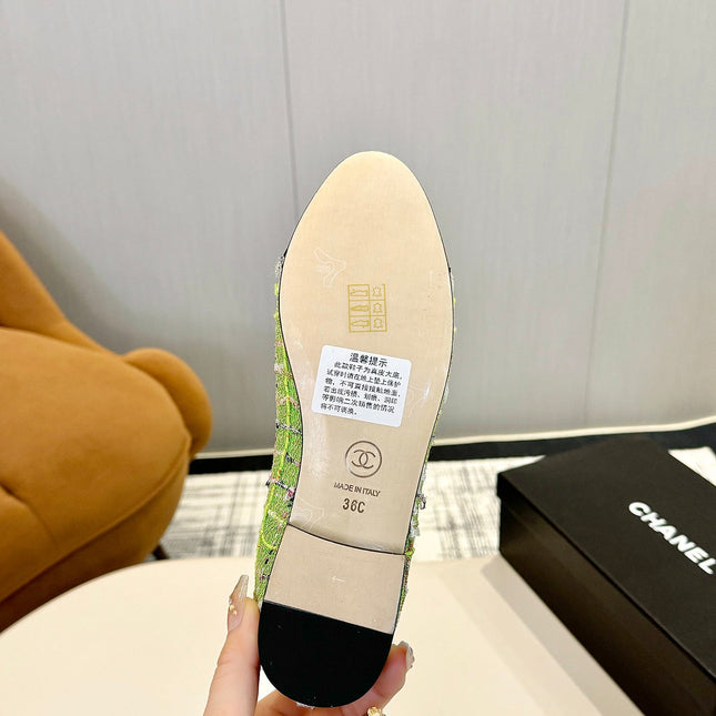 BALLET FLATS IN EMERALD GREEN TWEED AND FABRIC