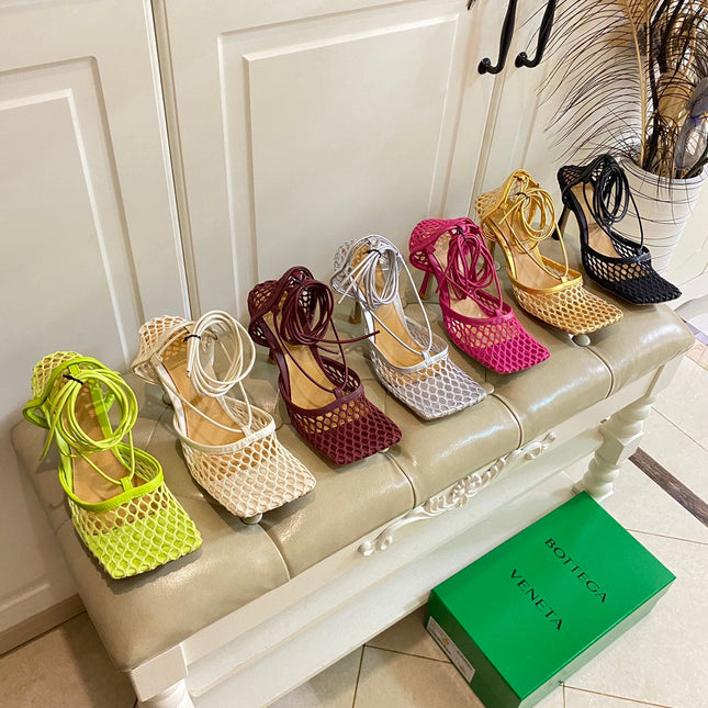 STRETCH LACE-UP SANDAL IN NEON GREEN METALLIZED MESH AND LEATHER 9 CM