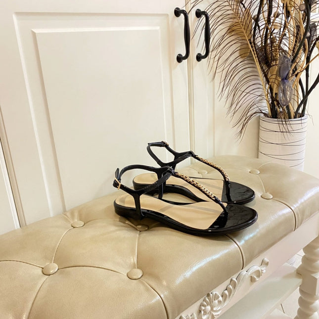 GG SIGNORINA THONG SANDALS IN BLACK MIX BEIGE SHEEPSKIN