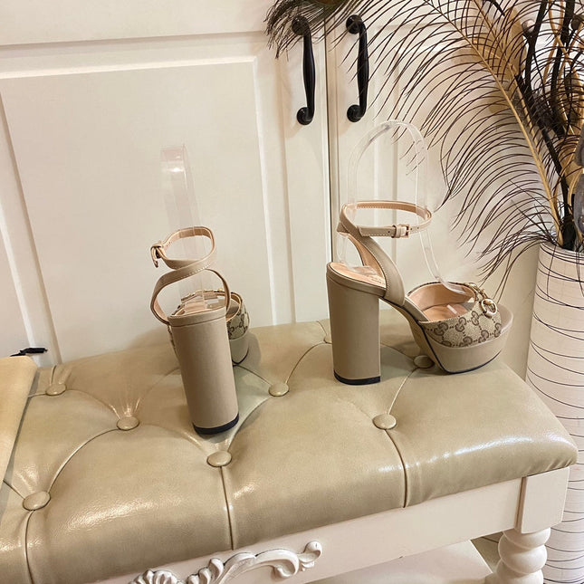 GG HORSEBIT PLATFORM SANDAL IN KHAKI BEIGE MONOGRAM CANVAS AND SHEEPSKIN LINING