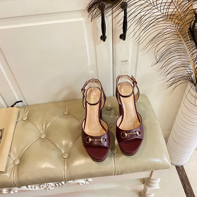 GG HORSEBIT PLATFORM SANDAL IN WINE RED SHEEPSKIN