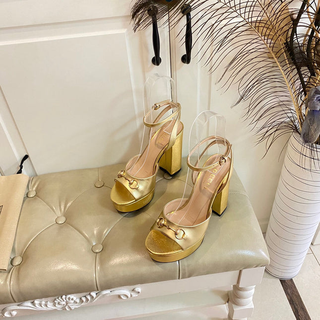 GG HORSEBIT PLATFORM SANDAL IN GOLD YELLOW SHEEPSKIN