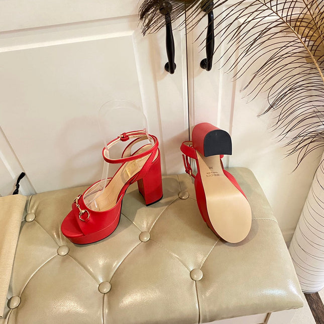 GG HORSEBIT PLATFORM SANDAL IN SCARLET RED SHEEPSKIN
