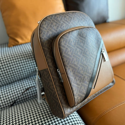 FENDI 44 MINI BACKPACK IN CAMEL BROWN MONOGRAM JACQUARD FABRIC AND CALFSKIN