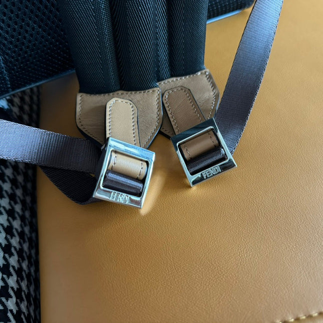 FENDI 44 MINI BACKPACK IN CAMEL BROWN MONOGRAM JACQUARD FABRIC AND CALFSKIN