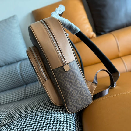 FENDI 44 MINI BACKPACK IN CAMEL BROWN MONOGRAM JACQUARD FABRIC AND CALFSKIN