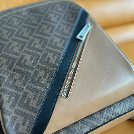 FENDI 44 MINI BACKPACK IN CAMEL BROWN MONOGRAM JACQUARD FABRIC AND CALFSKIN